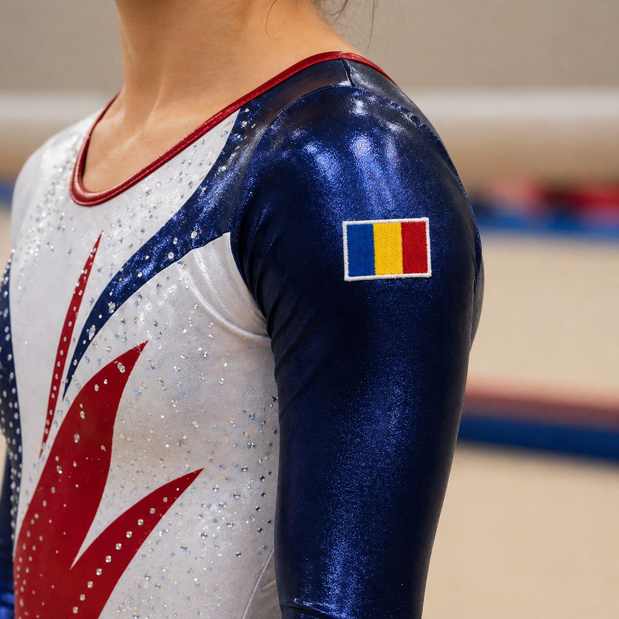 Stemă tricoloră a României brodată pe costum de gimnastică